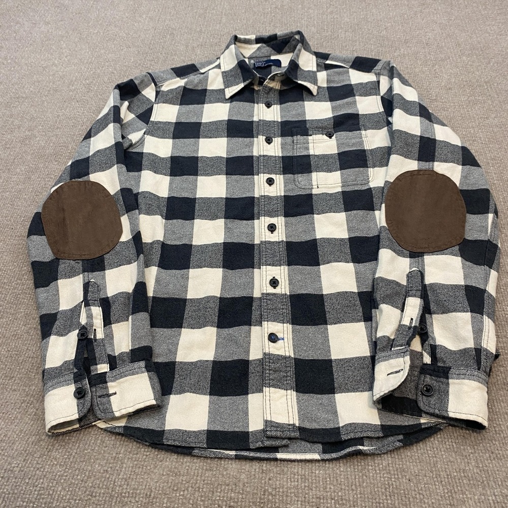 Gap Shirt‎ Mens Small Black Plaid Flannel Long Sleeve Button Front Elbow Patch